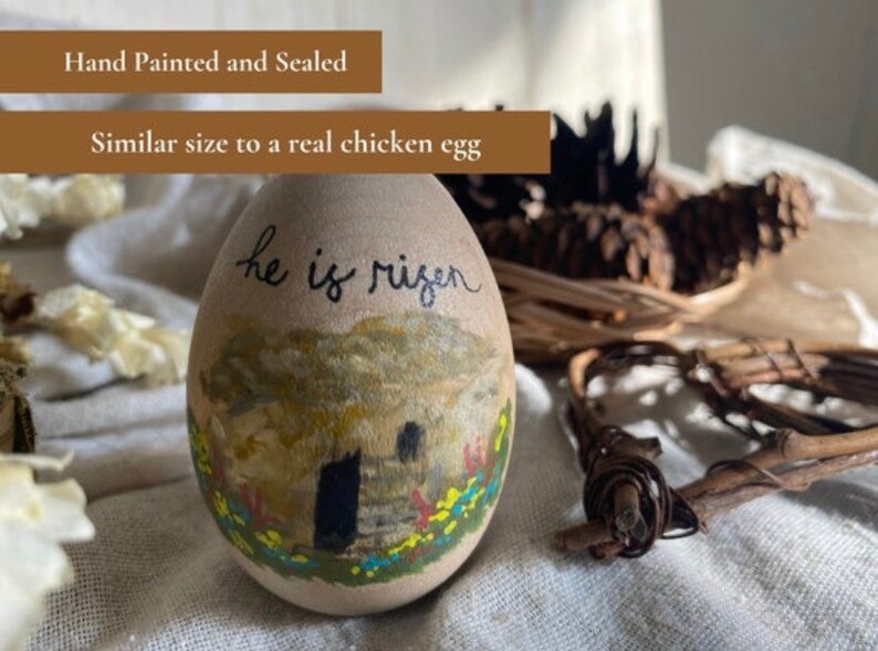 Hand Painted Wooden Easter Egg, Garden Tomb Scene, Garden Tomb Easter Egg, Christian Easter Art, He is Risen Art, Easter Egg Decor, Easter image 3