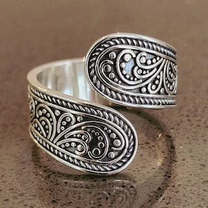 Sterling Silver Open Ring: Adjustable Boho Engraved Statement Ring