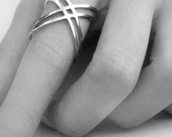 Criss Cross Ring 925 Solid Sterling Silver Band Smooth High Polished Neat Finish X Double Cross Band Plain Wide Statement Style