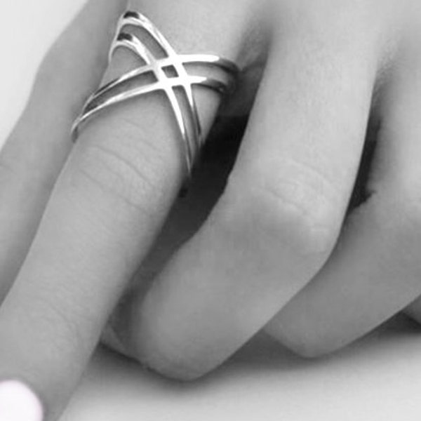 Criss Cross Ring 925 Solid Sterling Silver Band Smooth High Polished Finish X Double Cross Band Plain Wide Statement Style