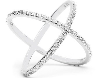 Criss Cross Ring X Ring 925 Solid Sterling Silver Sparkling Clear Stones Large Statement Open Style