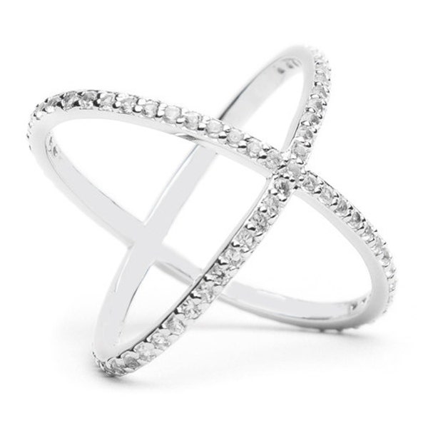 Criss Cross Ring X Ring 925 Solid Sterling Silver Sparkling Clear Stones Large Statement Open Style