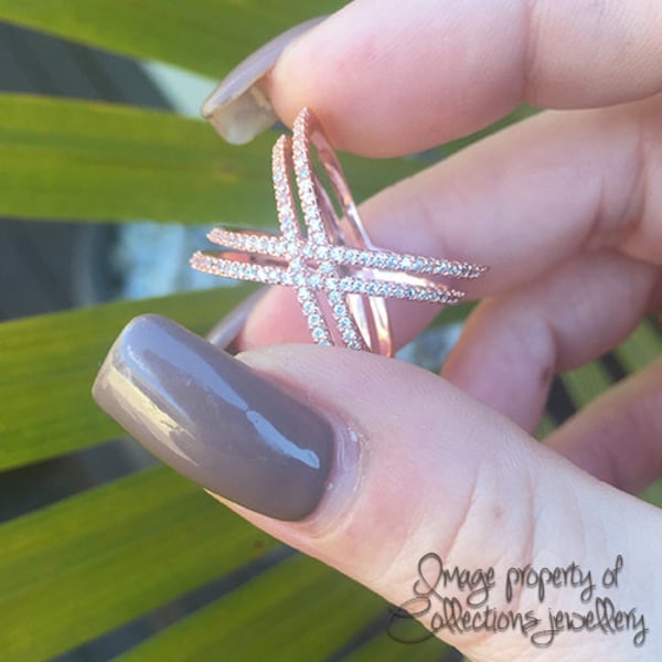 Criss Cross Ring Rose Gold Ring X Ring Solid Sterling Silver Ring Band Sparkling Clear Stones Pave Maat 5 6 7 8 9 10 11