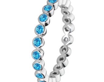 Blue Stone Ring 925 Solid Sterling Silver Round Stone Aqua Stacking Stackable Stack Band Women