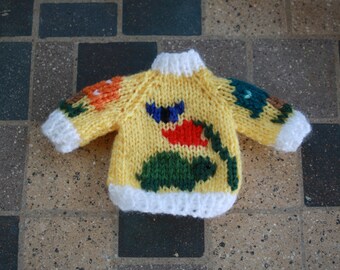 Hand Knit Turtle Ornament: Acrylic Yarn Sweater, Mushroom Sleeves