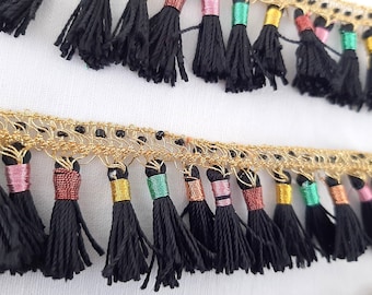 Tassel trim Kurdistan, jli kurdi golden black tassels, metallic golden trim, ethno horse braid tassel trim, kurdish dress tassels