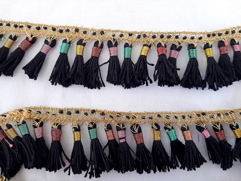 Tassel trim Kurdistan, jli kurdi golden black tassels, metallic golden trim, ethno horse braid tassel trim, kurdish dress tassels image 2