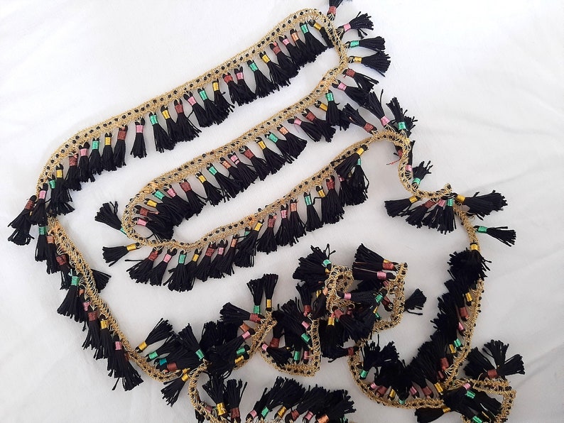 Tassel trim Kurdistan, jli kurdi golden black tassels, metallic golden trim, ethno horse braid tassel trim, kurdish dress tassels image 3