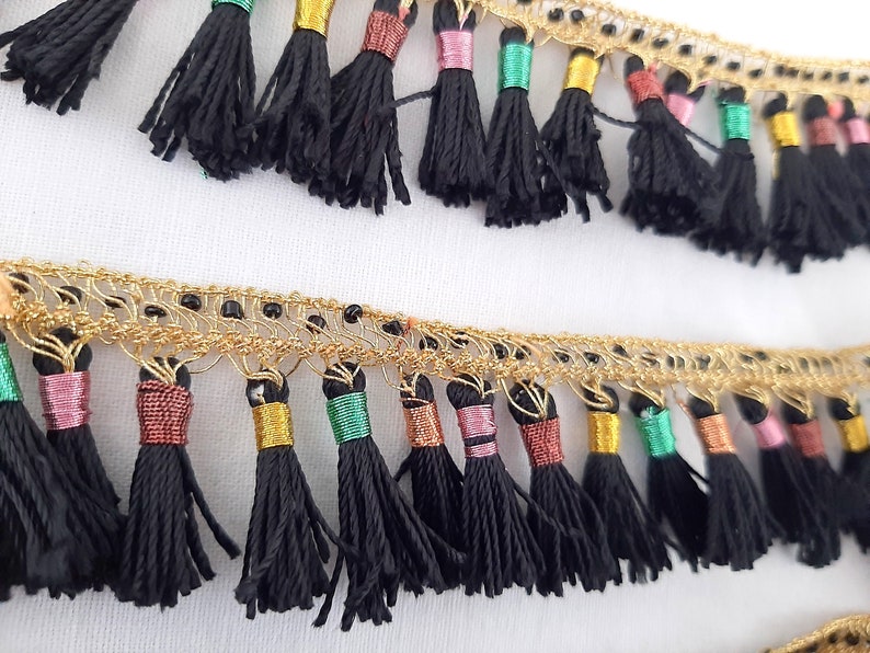 Tassel trim Kurdistan, jli kurdi golden black tassels, metallic golden trim, ethno horse braid tassel trim, kurdish dress tassels image 1