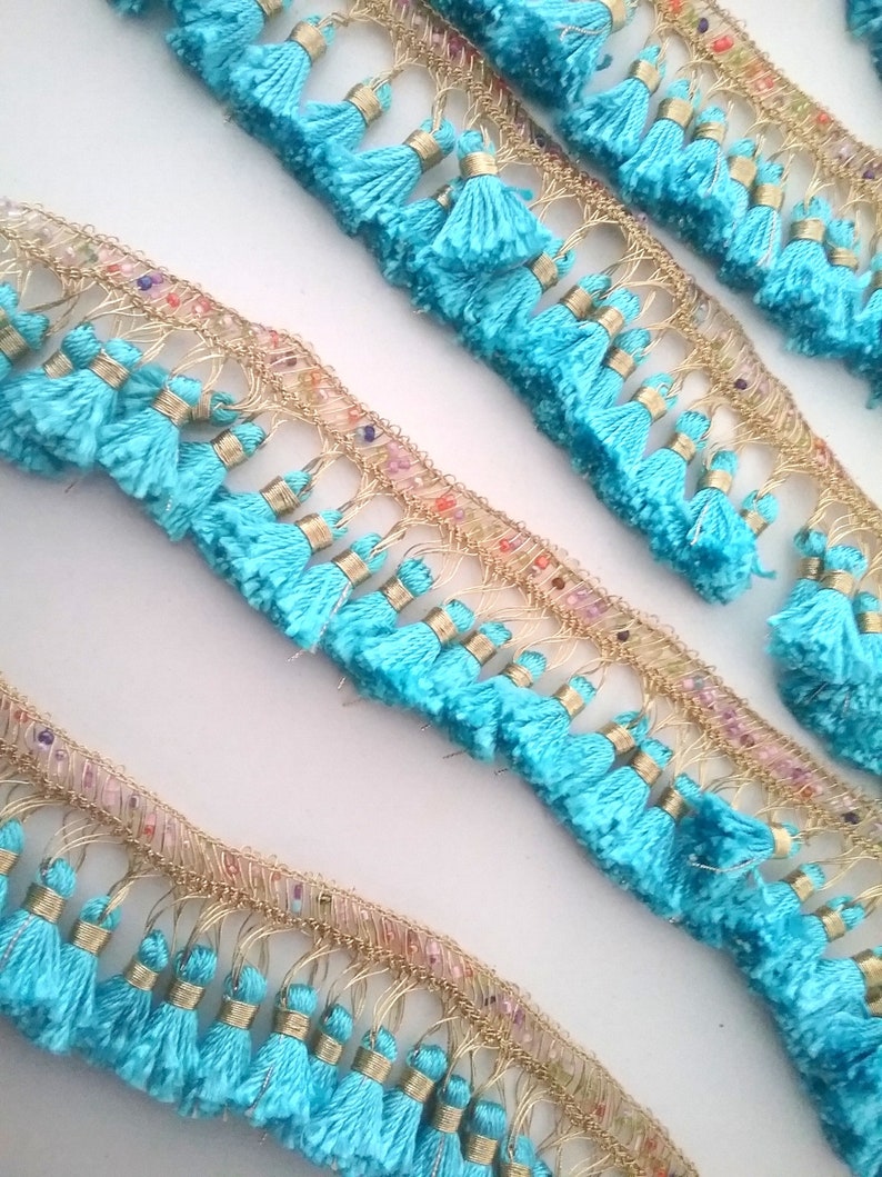 folclorostic braid beaswork tassels fringe trim turquoise golden blue gold tassels kurdish Boho Tassel braid 1,7m Tassel trim Kurdistan