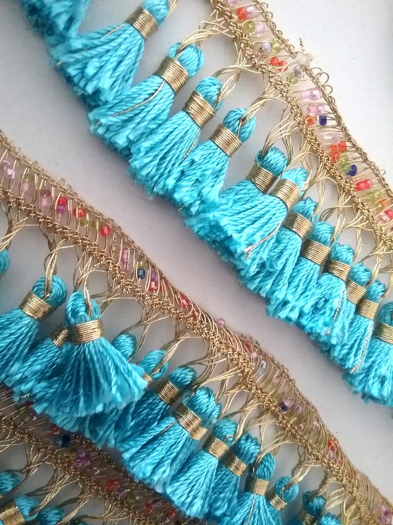 folclorostic braid beaswork tassels fringe trim turquoise golden blue gold tassels kurdish Boho Tassel braid 1,7m Tassel trim Kurdistan