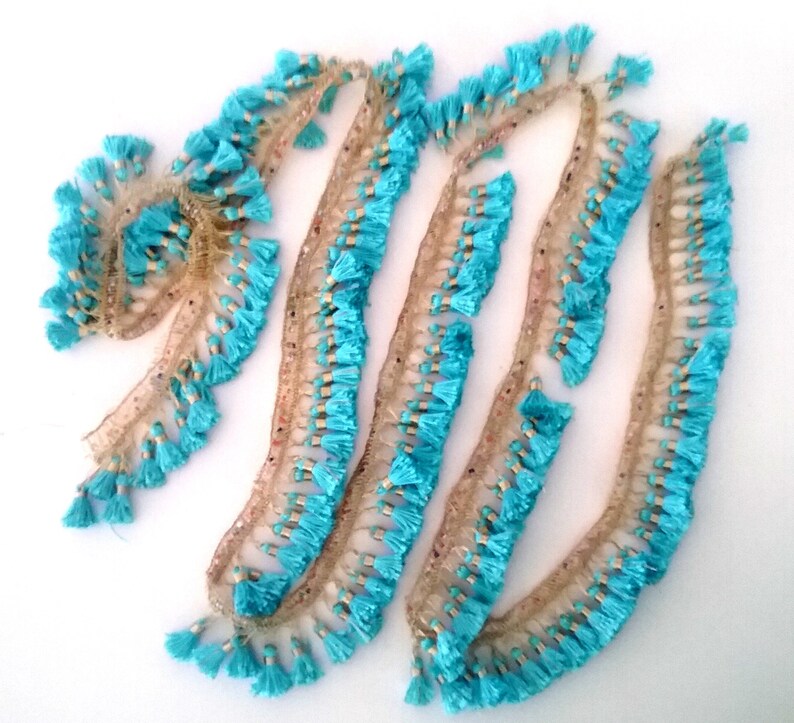 folclorostic braid beaswork tassels fringe trim turquoise golden blue gold tassels kurdish Boho Tassel braid 1,7m Tassel trim Kurdistan