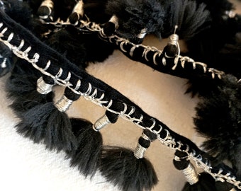 black tassel trim Kurdistan, kurdisch tassel ribbon, black silver, Kurdistan ethno traditional tassels, jlikurdi belt