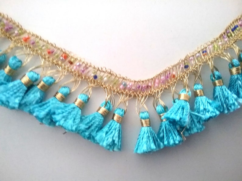 folclorostic braid beaswork tassels fringe trim turquoise golden blue gold tassels kurdish Boho Tassel braid 1,7m Tassel trim Kurdistan