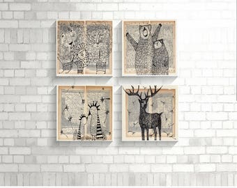 Animal Decoration, Animal Art Print Set, Animals Giclee Print, Wild Nature Painting, Woodland wall Art, Living Room Wall Decor, Gift For Him