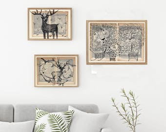 Wall Art Print Set, Deer Wall Art, Set of Three Prints, Unique Wall Art, Wild Animal Painting, Wall Art For Living Room, Office Decoration