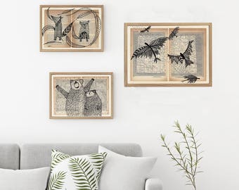 Bears Art Print Set, Animals Wall Art, Set of Three Prints, Wild Animals Decoration, Forest Wall Decor, Living Room Decoration, OOAK Decor