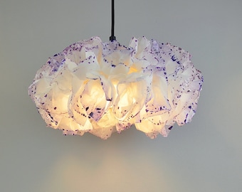 Handmade Paper Mache Pendant Lamp: White & Purple Ceiling Light