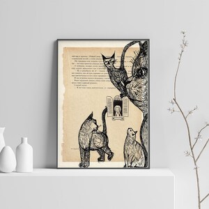 Cat Painting, Cat Prints, Christmas Gift, Cats Wall Decor, Cats Illustration on Book, Pen Drawing, Beige Bohemian Wall Art, Cat Lovers Gift image 3