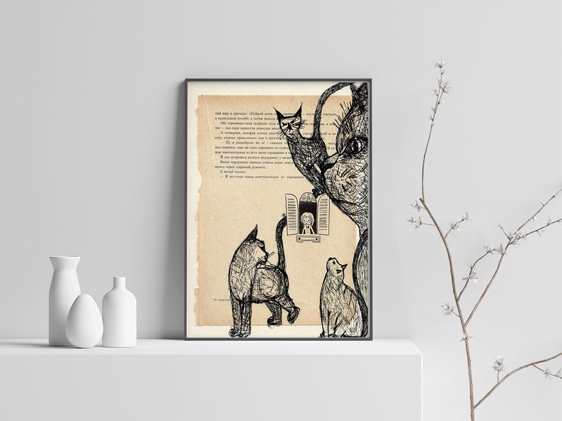 Cat Painting, Cat Prints, Christmas Gift, Cats Wall Decor, Cats Illustration on Book, Pen Drawing, Beige Bohemian Wall Art, Cat Lovers Gift image 3