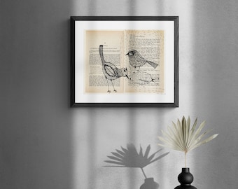 Birds Wall Art Print, Birds Painting, Bohemian Wall Decor, Painting on Old Book, Birds Circle Drawing, Old Maps Painting, Bedroom Wall Art