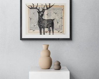 Deer Wall Art, Living Room Art Print, Deer Painting, Deer Print, Painting on World Map, Old Book Painting, Deer Illustration