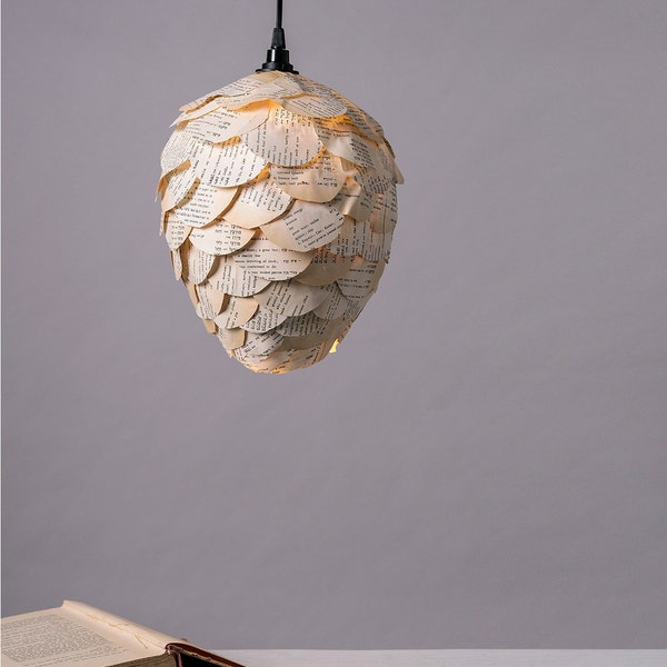 Unique Ceiling Paper Lamp, Handmade OOAK  pine cone Shaped Hanging Light, Old Book Upcycled Ceiling Lamp Shade, Housewarming Gift