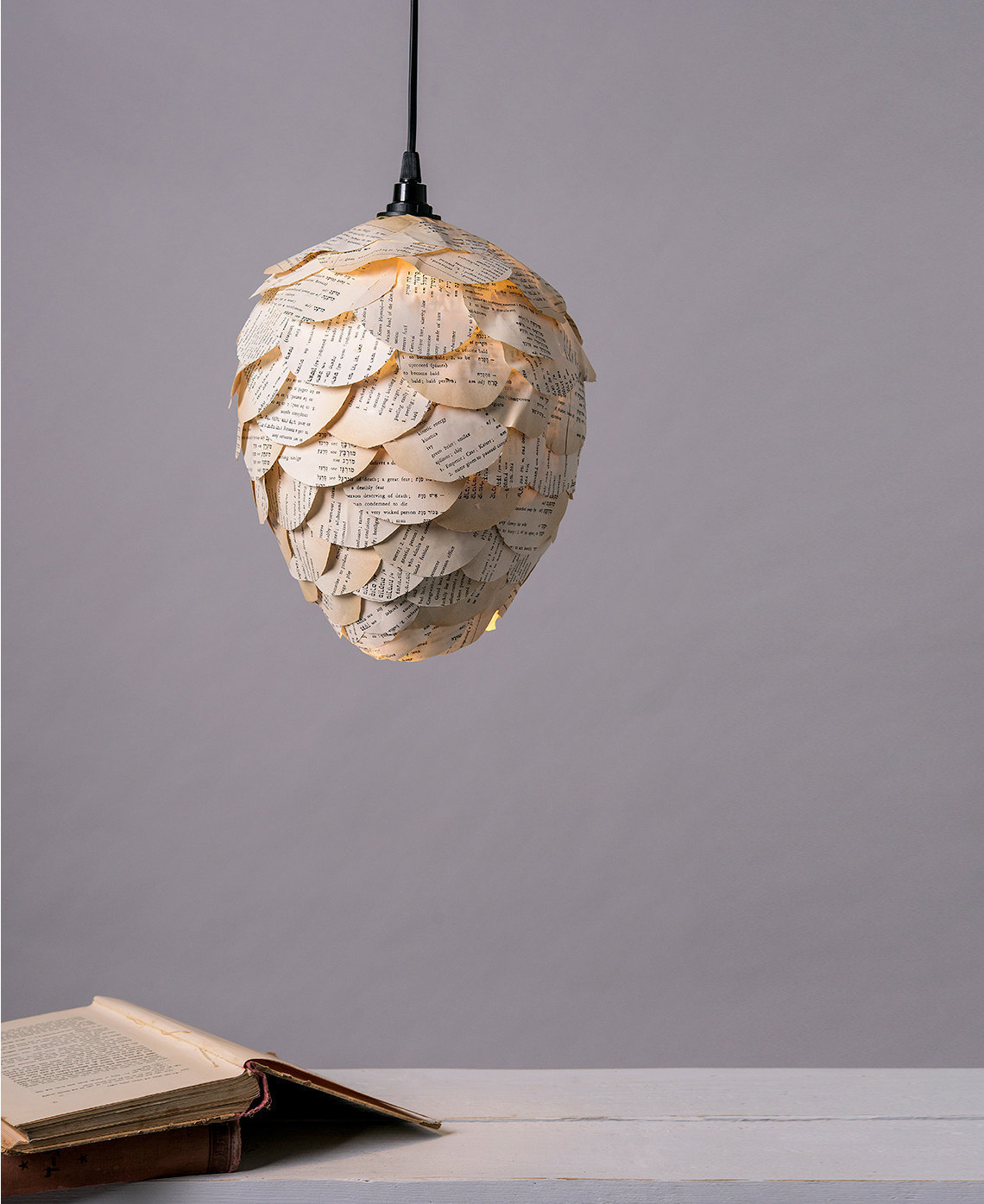 Unique Ceiling Paper Lamp, Handmade OOAK Pine Cone Shaped Hanging Light,  Old Book Upcycled Ceiling Lamp Shade, Housewarming Gift 