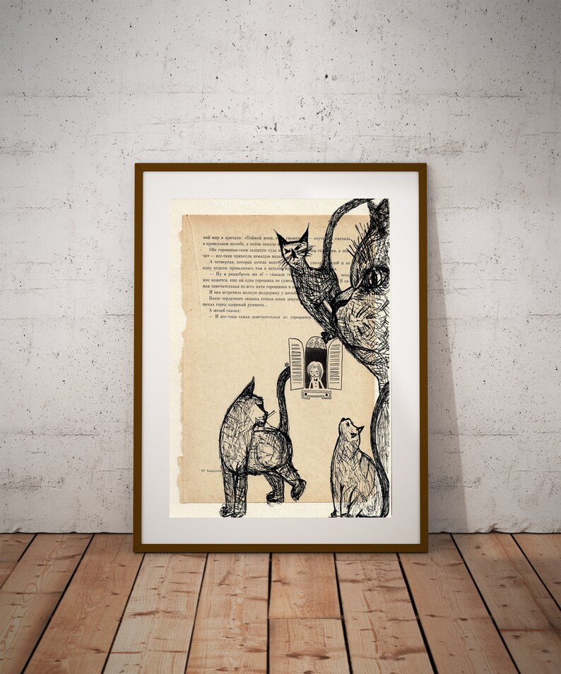 Cat Painting, Cat Prints, Christmas Gift, Cats Wall Decor, Cats Illustration on Book, Pen Drawing, Beige Bohemian Wall Art, Cat Lovers Gift image 2