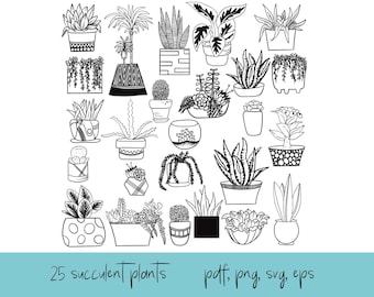 25 Succulent Houseplant Clipart, Hand Drawn (pdf, png, svg, eps)