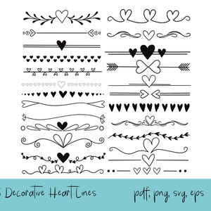 May include: A selection of 25 black decorative heart line designs, including hearts, arrows, and floral motifs. The image displays the text "25 Decorative Heart Lines" and file type details.