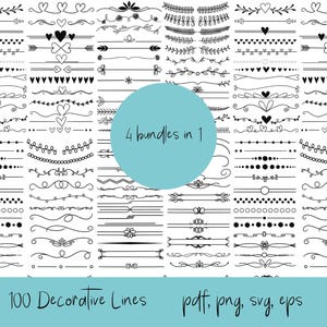 May include: A selection of 100 decorative black lines in diverse styles, featuring hearts, arrows, and floral motifs. The image includes the text "4 bundles in 1" and "100 Decorative Lines pdf, png, svg, eps".