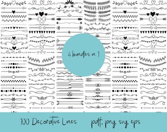 Decorative Line Clipart Bundle, 4 in 1 Bundle with 100 Lines (pdf, png, svg, eps)