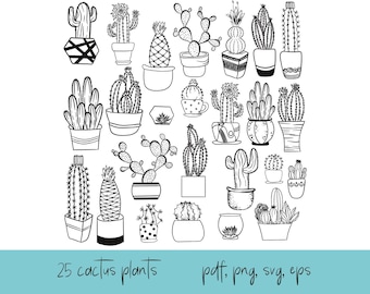 25 Cactus Houseplant Clipart, Hand Drawn (pdf, png, svg, eps)