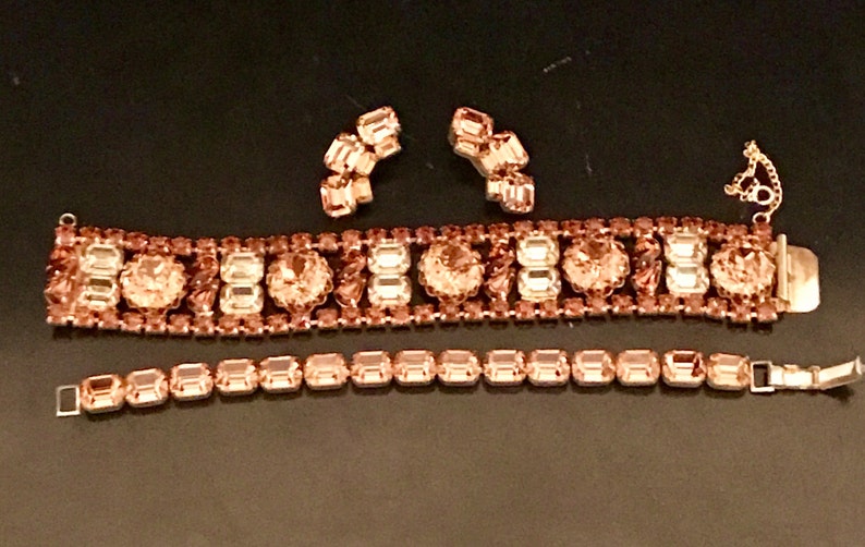 Vintage Alice Caviness Amber Rhinestone Bracelets and Clip Earrings