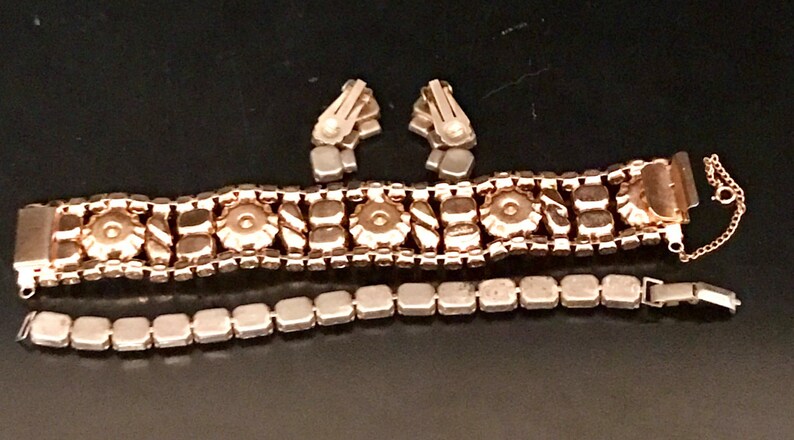 Vintage Alice Caviness Amber Rhinestone Bracelets and Clip Earrings