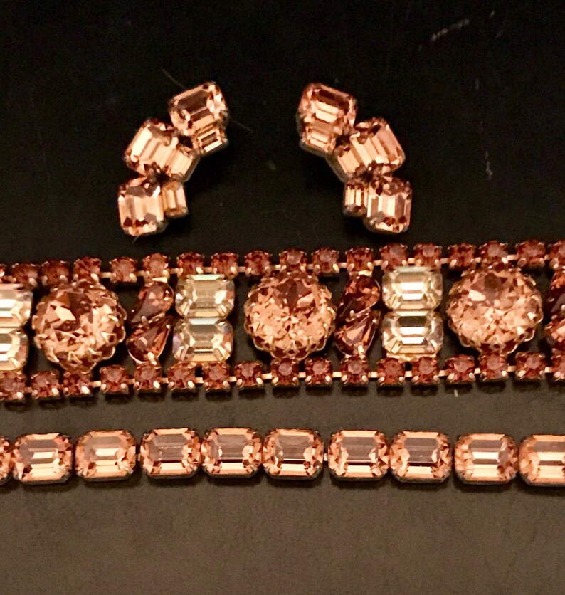 Vintage Alice Caviness Amber Rhinestone Bracelets and Clip Earrings