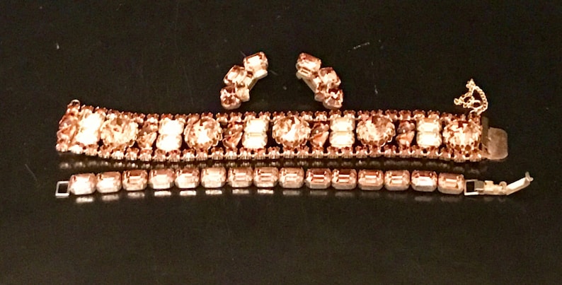 Vintage Alice Caviness Amber Rhinestone Bracelets and Clip Earrings