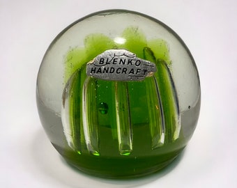 Vintage 1970s Blenko Cntrolled Bubble Green Glass Paperweight