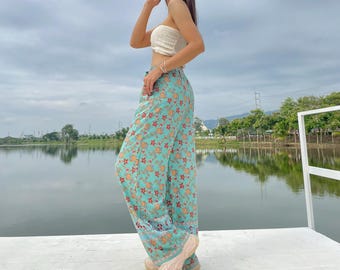 Calça Palazzo Floral Boho – Calças de Cintura Alta e Perna Larga