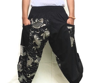 Koi Print Samurai Pants: Cotton Harem Yoga Trousers