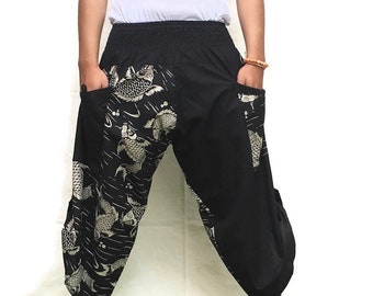 Koi Print Samurai Pants: Black Cotton Harem Trousers