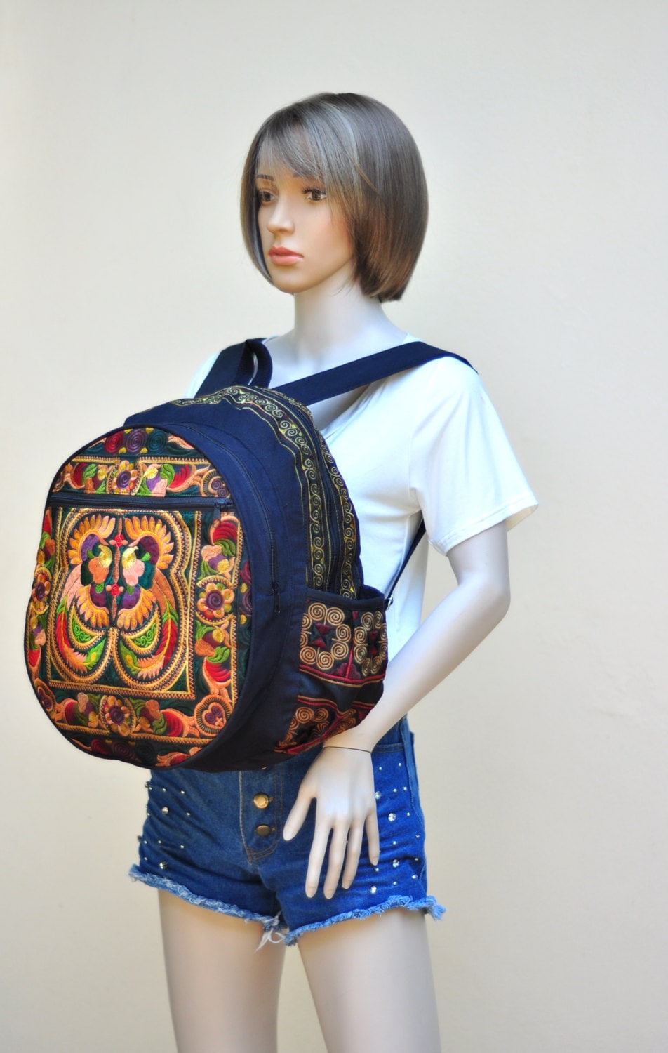 Woven Cotton Backpack: Embroidered Boho Hippie Bag - Etsy display picture 1