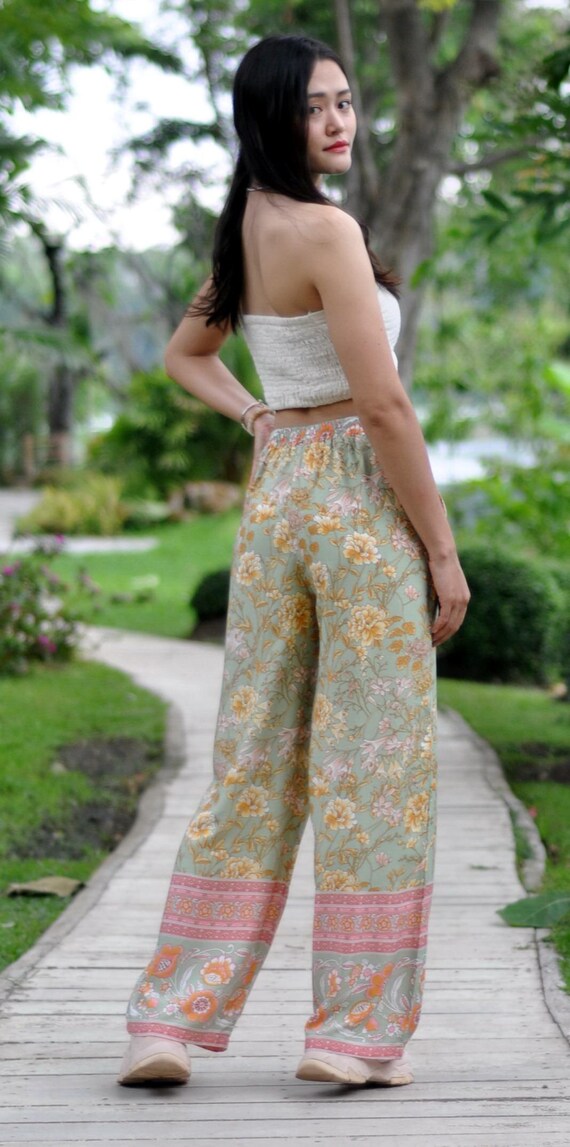 thumbnail image 2 of Women's Bohemian Wide Leg Pants | High Waist Flowy Palazzo Beach Trousers Summer Casual Boho 2 of 12