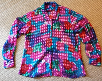 Vintage rainbow sparkle sheer collared button down long-sleeved shirt blouse gold thread check