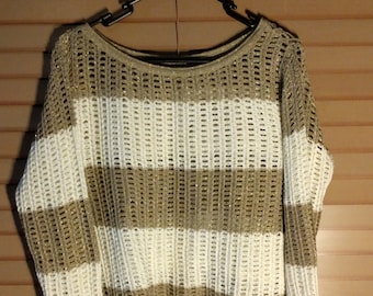 Vintage net jumper brown and cream wide stripes gold metallic thread highlights round neck long sleeve made Brazil size M UK/Aus 12 US 8