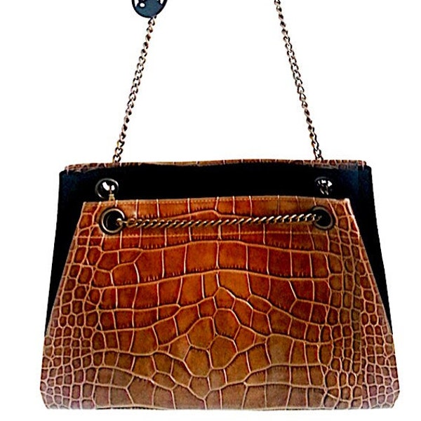 Sac double en croco marron et daim noir avec chaine