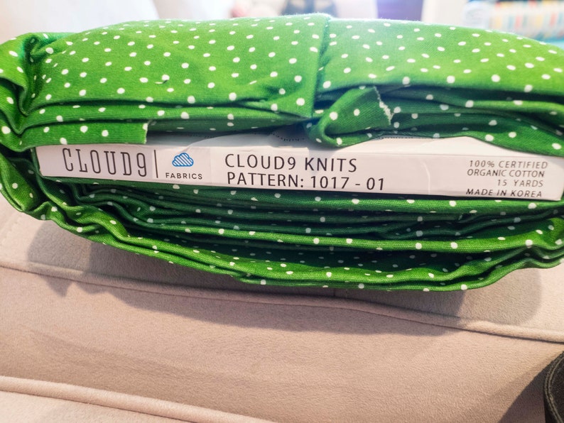 GOTs Certified Cotton Cloud9 fabric from Cloud9 Knits, ORGANIC Interlock Knit green White polkadots DOTS print SALE 1 yard @ 6.90