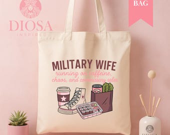 Military Wife Running on Caffeine Chaos and Commissary Tote Bag: Military Life, Spouse, Reading Bag
