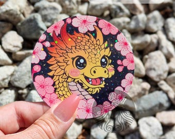Kawaii Golden Blossom Dragon Holographic Sticker - Road Tax Sticker, Japan, Chibi